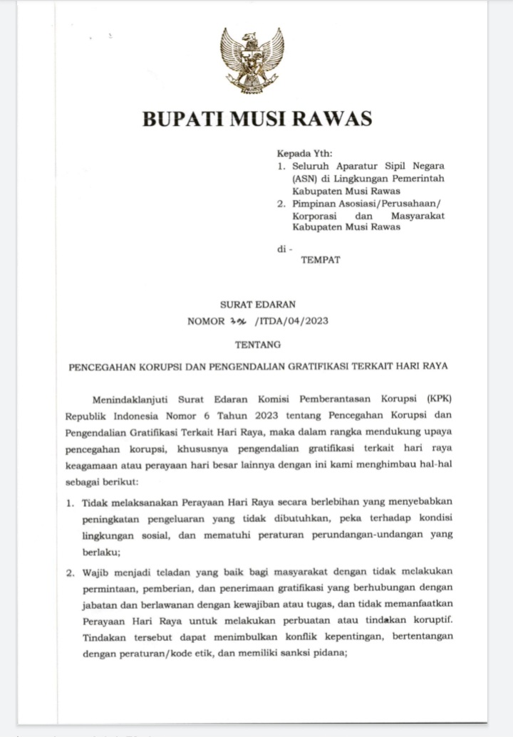 SE Bupati Musi Rawas tentang Pencegahan Korupsi dan Pengendalian Gratifikasi Terkait Hari Raya