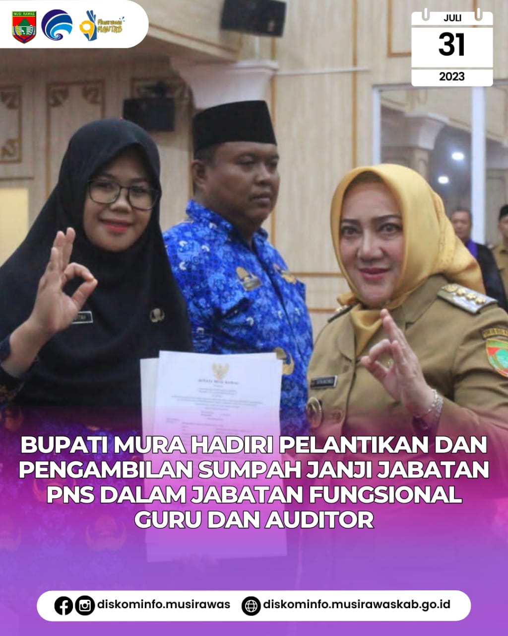 Pelantikan dan Pengambilan Sumpah Janji Jabatan Pegawai Negeri Sipil dalam Jabatan Fungsional Guru dan Auditor