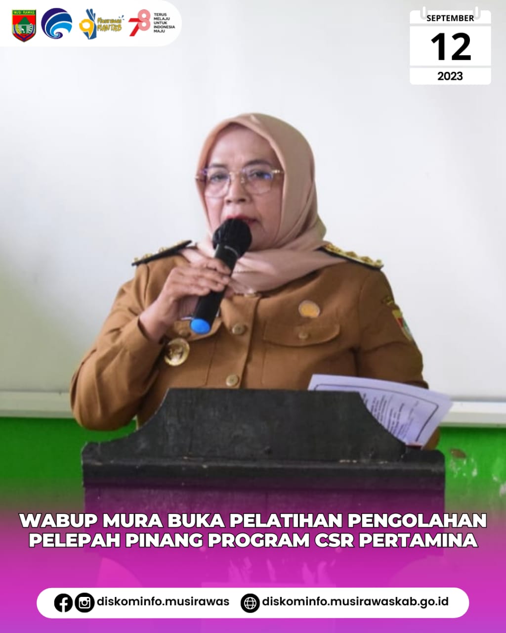 Wabup Musi Rawas membuka Kegiatan Pelatihan Pengolahan Pelepah Pinang Menjadi Wadah Ramah Lingkungan Program CSR PT Pertamina EP Pendopo Field dan Penanaman Pohon Pinang Bersama Implementasi Program Gemilang