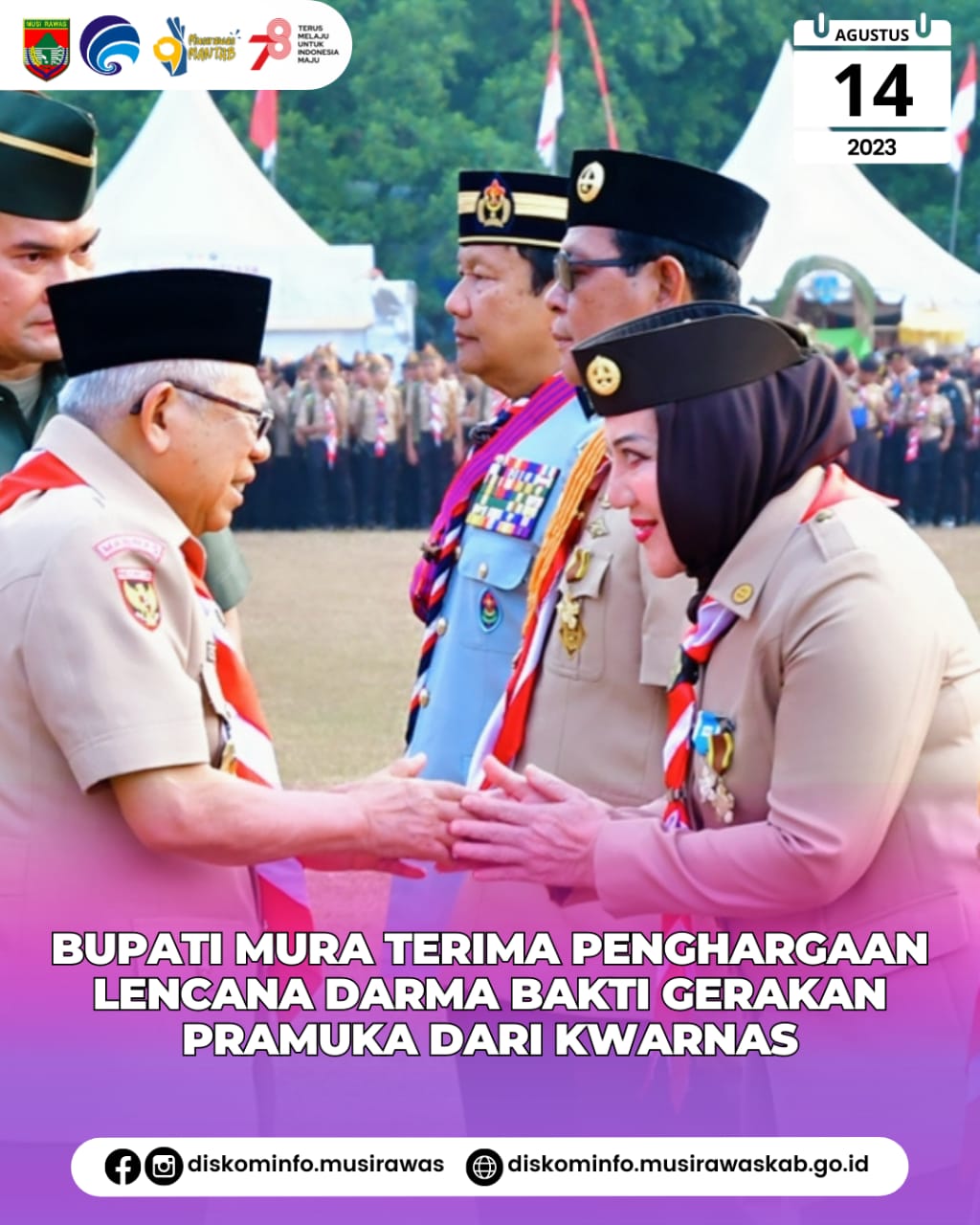 Bupati Kabupaten Musi Rawas kembali raih prestasi dengan mendapatkan Lencana Darma Bakti dari Kwartir Nasional
