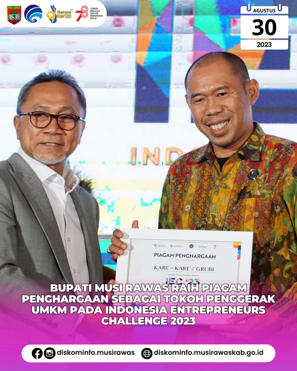 Bupati Musi Rawas Raih Piagam Penghargaan sebagai Tokoh Penggerak UMKM pada IEC 2023.