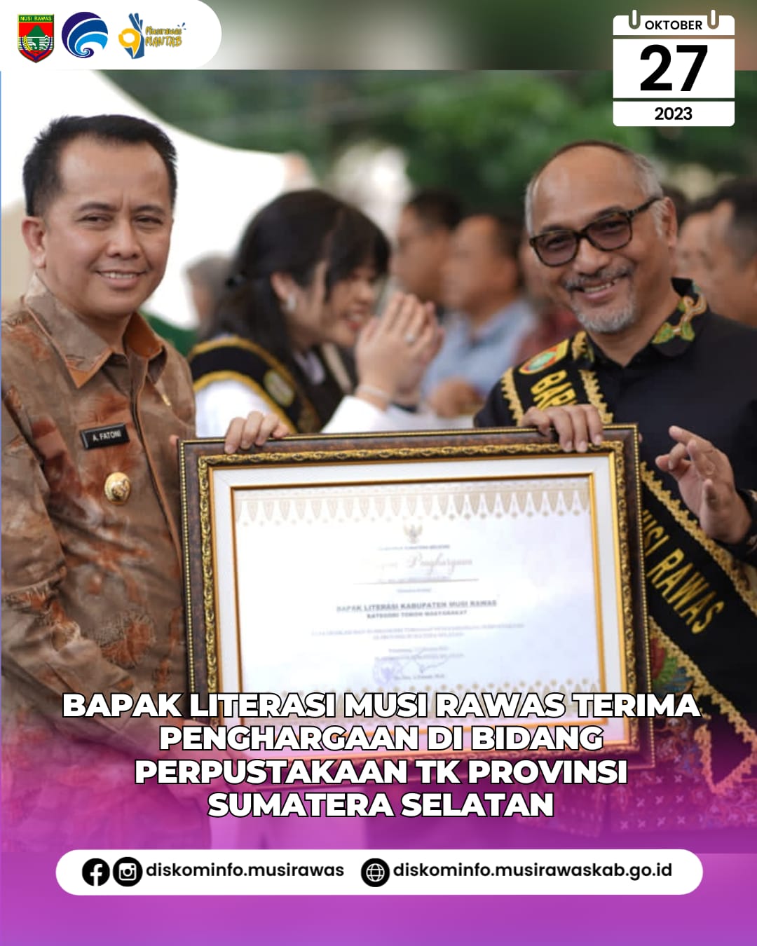 Bapak Literasi Musi Rawas Terima Penghargaan di Bidang Perpustakaan TK Provinsi Sumatera Selatan