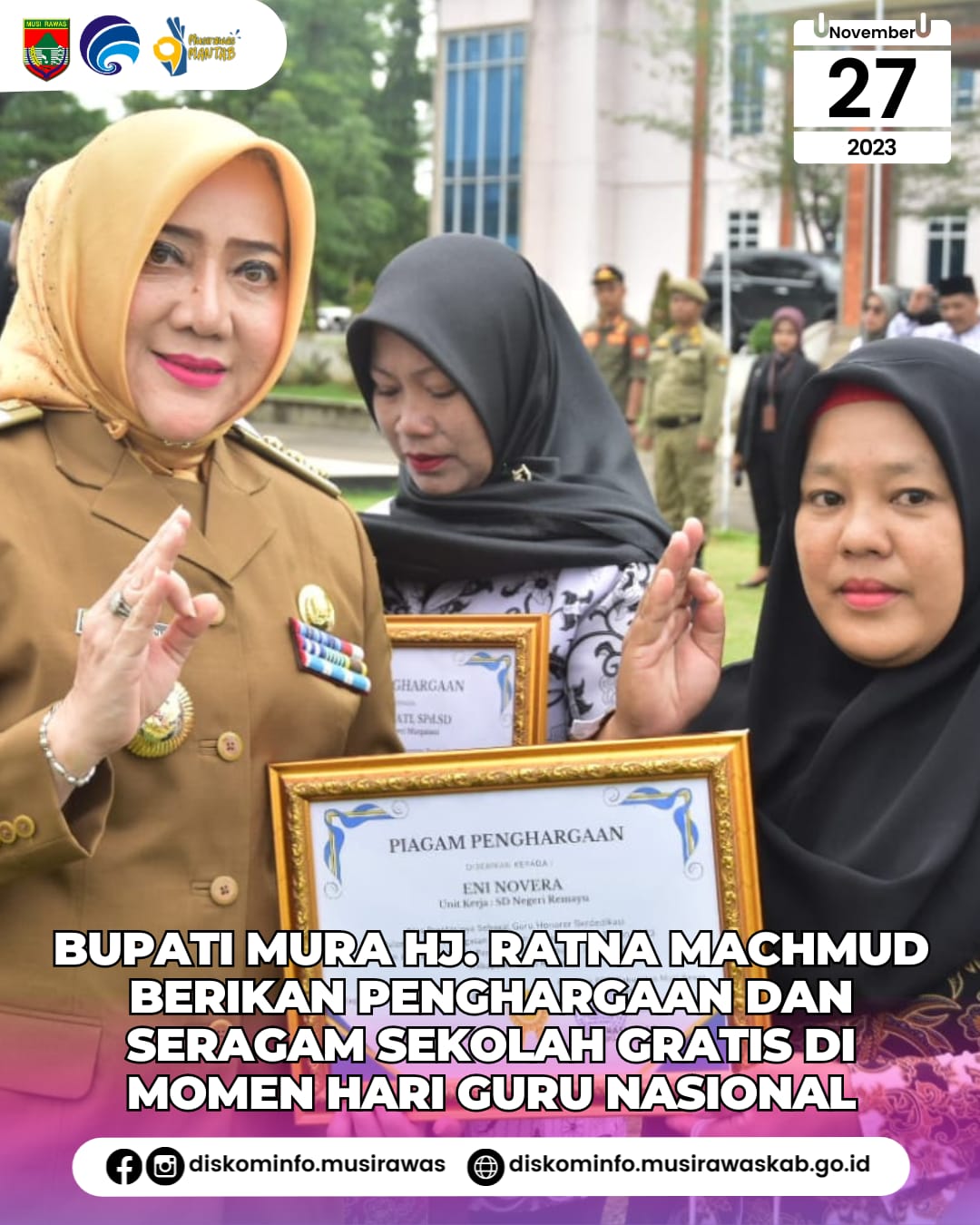 Bupati Musi Rawas Berikan Penghargaan dan Seragam Sekolah Gratis di Momen Hari Guru Nasional