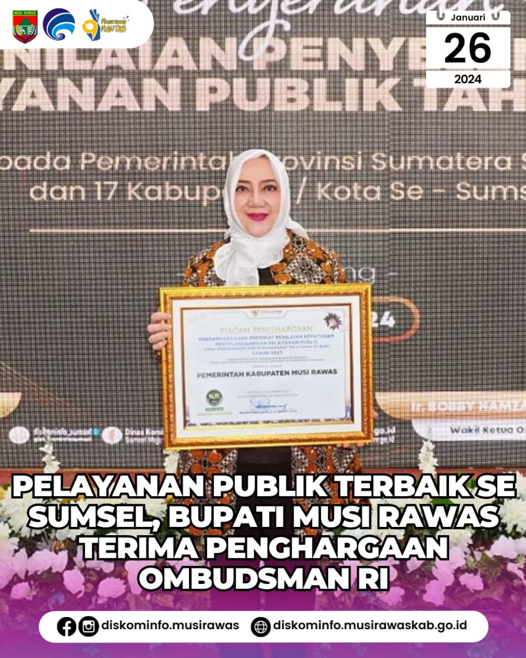 Pelayanan Publik Terbaik Se Sumsel, Bupati Musi Rawas Terima Penghargaan Ombudsman RI