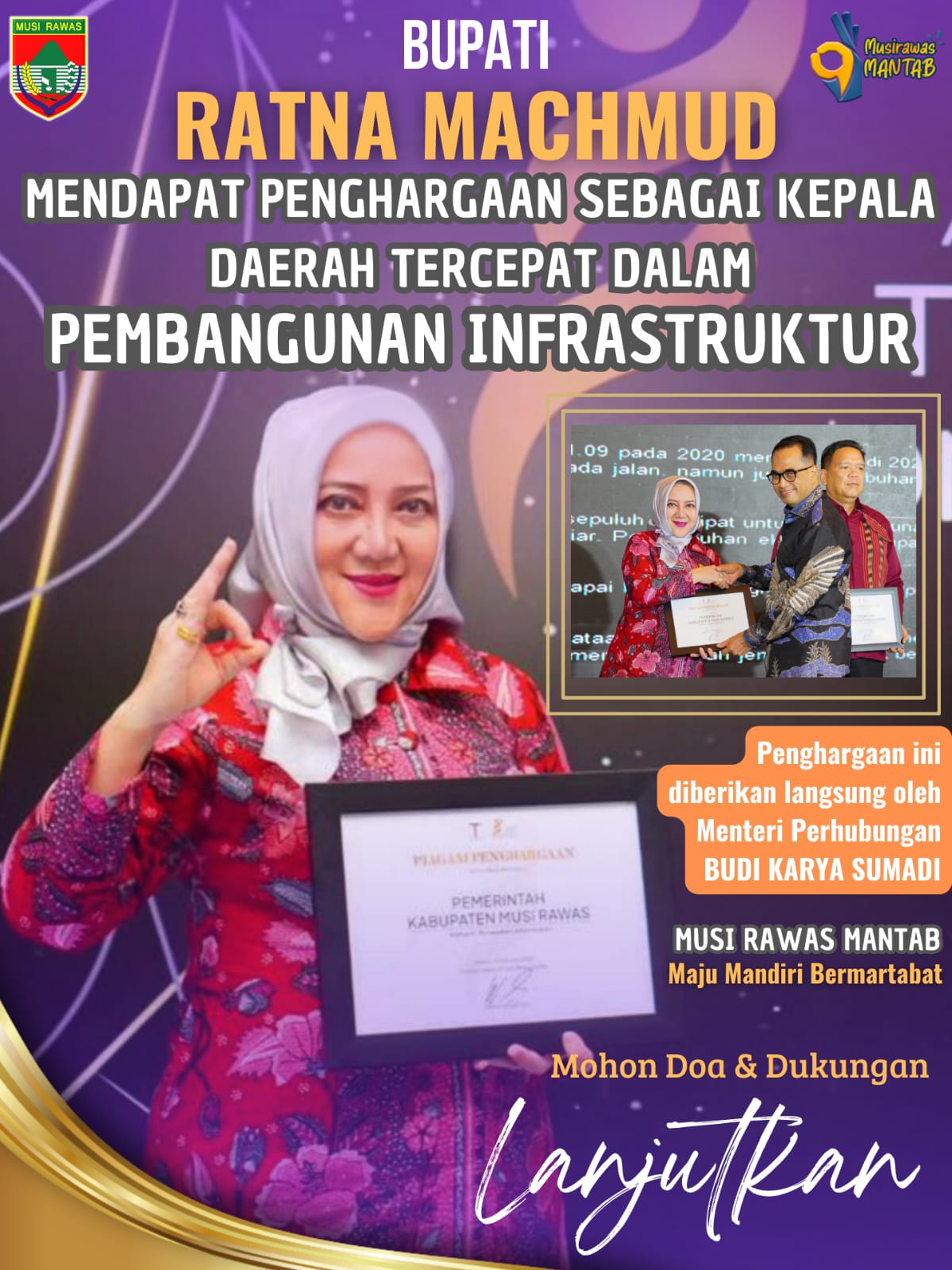 Selamat kepada Ibu Hj. RATNA MACHMUD telah raih penghargaan sebagai kepala daerah tercepat dalam pembangunan infrastruktur