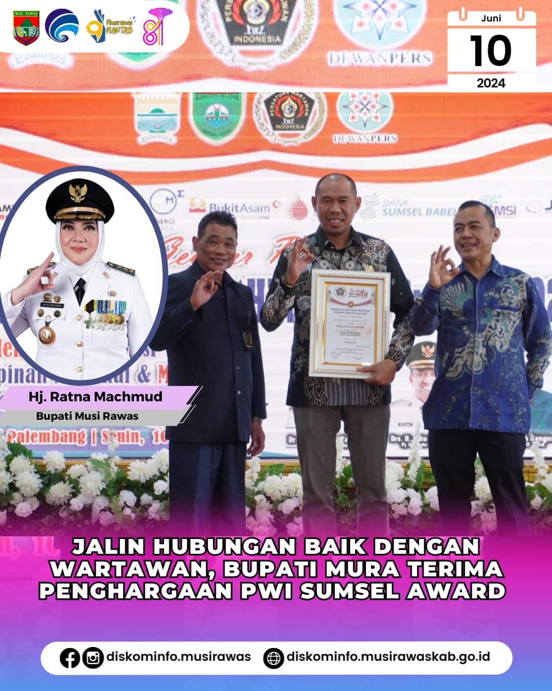 Jalin Hubungan Baik dengan Wartawan, Bupati Mura Terima Penghargaan PWI Sumsel Award