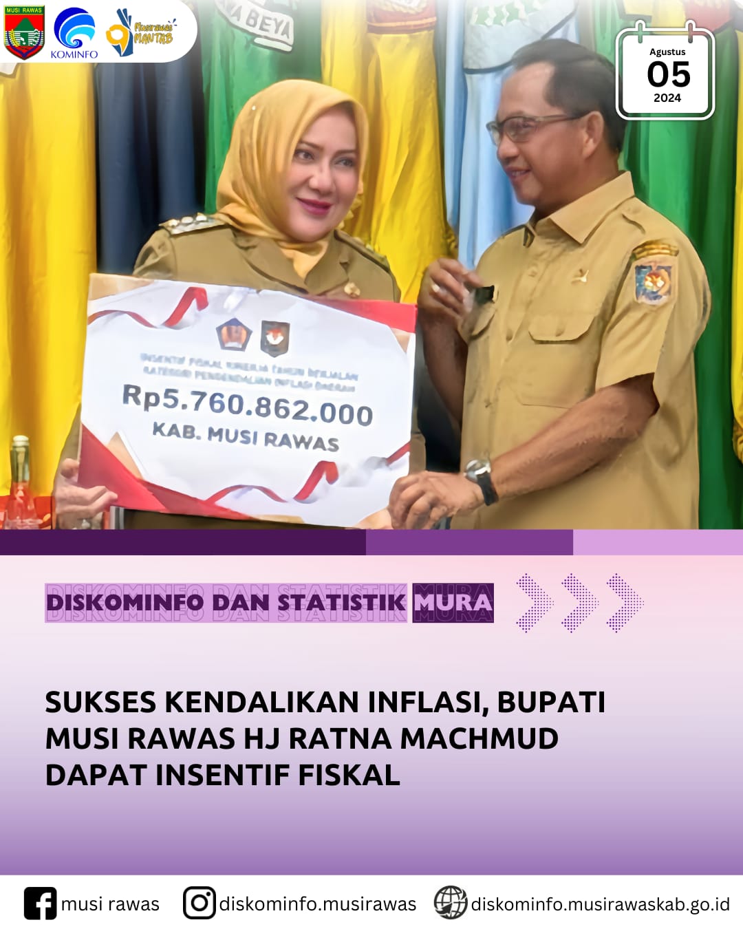 Sukses Kendalikan Inflasi, Bupati Musi Rawas Hj Ratna Machmud dapat Insentif Fiskal