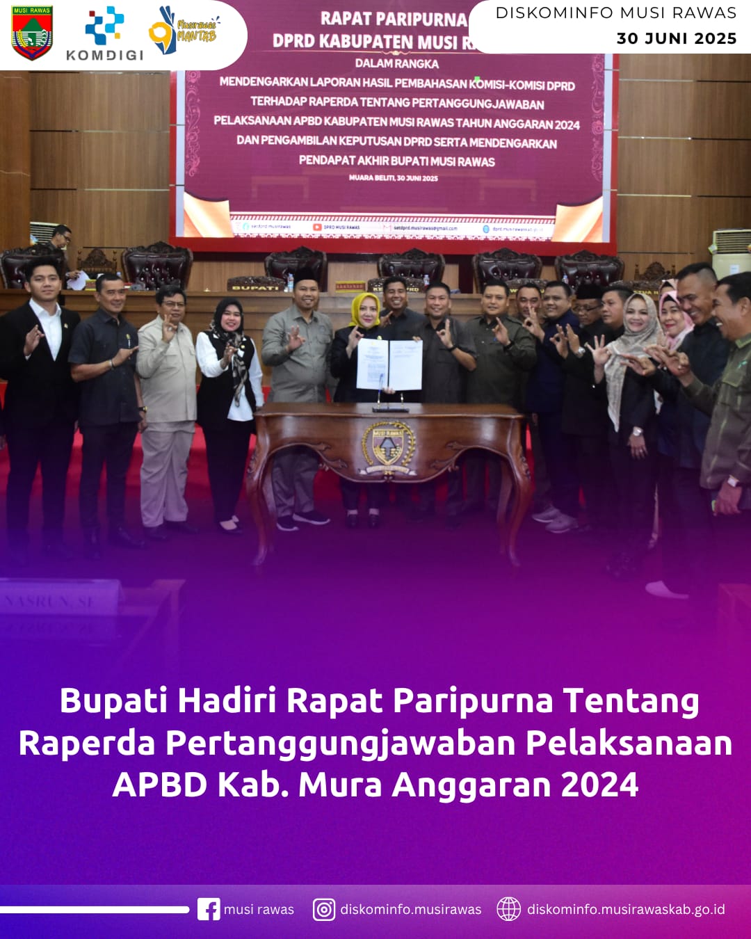 Bupati Hadiri Rapat Paripurna Tentang Raperda Pertanggungjawaban Pelaksanaan APBD Kab. Musi Rawas Anggaran 2024